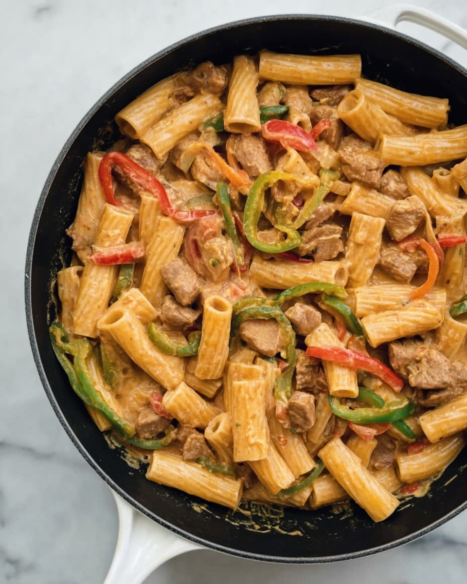 In a black pan with a white handle, there is a mix of rigatoni pasta, light brown pieces of cooked meat, and sliced bell peppers in green, yellow, and red colors. The pasta is tubular and thick, coated with a creamy light brown sauce that makes everything look moist. The meat pieces are small and scattered evenly among the pasta. The bell pepper slices are thin and spread throughout, adding a soft texture and color contrast to the dish. The pan is placed on a white marbled surface. photo taken with an iphone --ar 4:5 --v 7