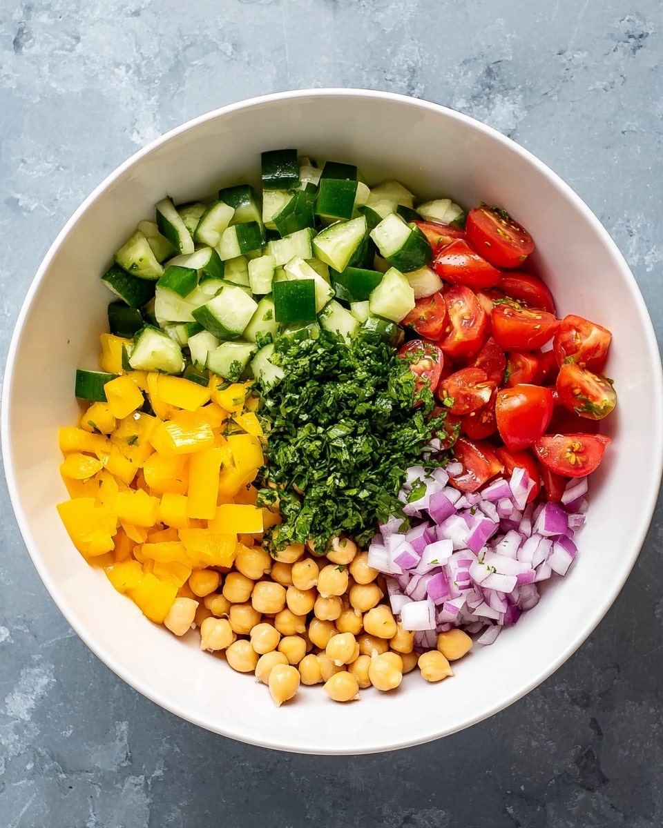 A white bowl on a white marbled surface holds six distinct layers of fresh salad ingredients. Starting from the left, there is a pile of bright green cucumber chunks with a crisp texture, followed by diced yellow bell peppers that add a sweet, shiny layer. At the center, finely chopped green herbs create a textured and leafy layer. On the right side, halved red cherry tomatoes show their juicy interiors. Below the herbs, round, light beige chickpeas form a smooth, rounded layer. Finally, at the bottom right, small diced pieces of purple onion add a sharp color contrast. photo taken with an iphone --ar 4:5 --v 7