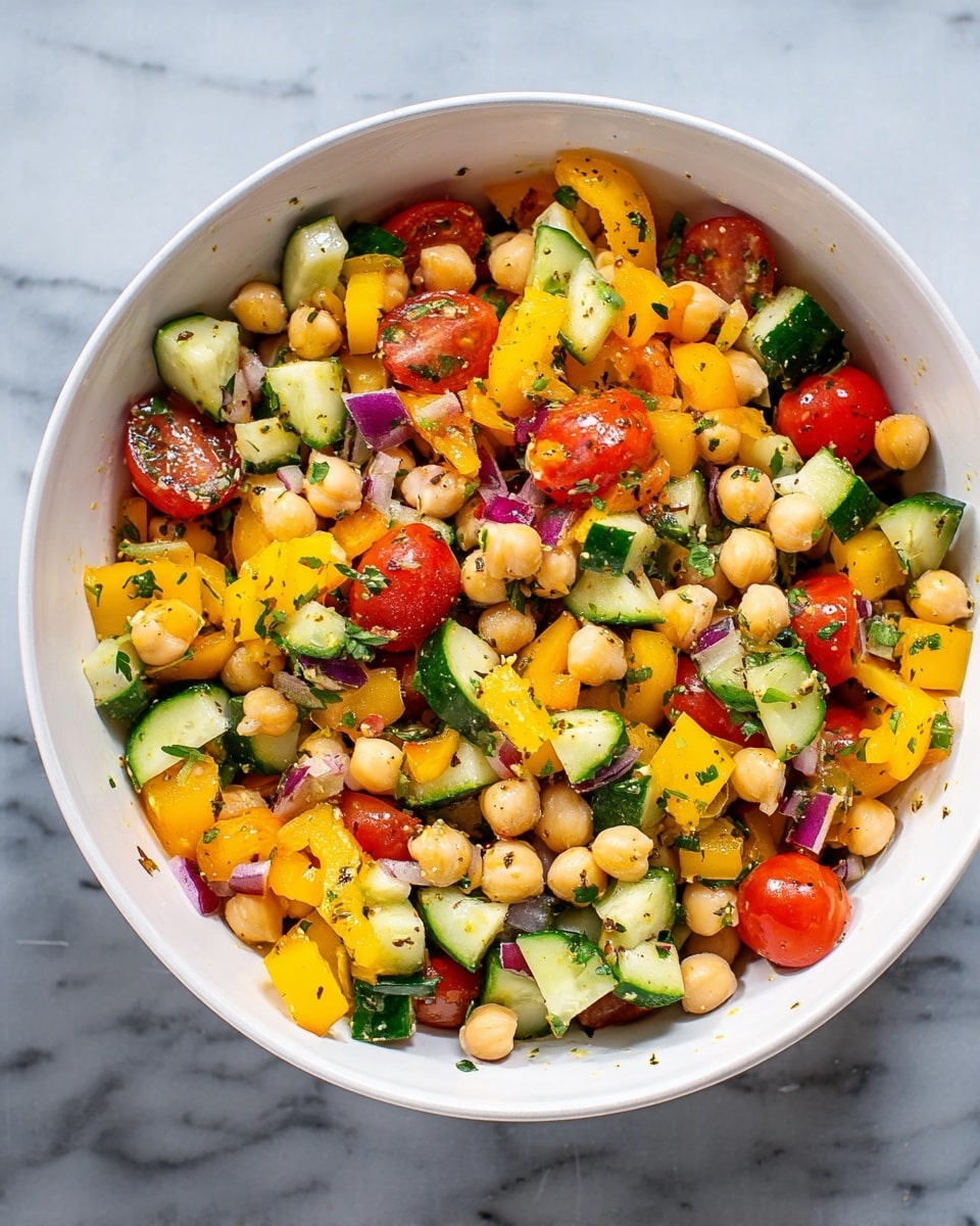 A white bowl filled with a colorful salad made of three main layers: round beige chickpeas as the base layer, bright green cucumber pieces cut into small chunks scattered evenly above, and vibrant red cherry tomato halves and yellow bell pepper cubes mixed throughout. Small bits of purple onion and green herbs are sprinkled on top, adding specks of color and texture. The bowl sits on a white marbled surface. photo taken with an iphone --ar 4:5 --v 7