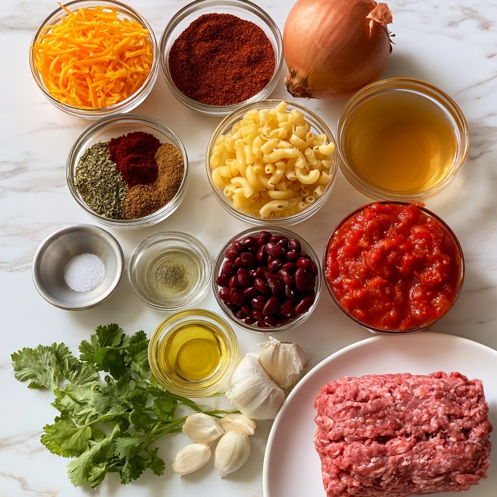 The image shows multiple small clear glass bowls arranged neatly on a white marbled surface, each holding different ingredients. Starting at the top left, a bowl of bright orange shredded cheese, next to it a bowl of dark reddish-brown chili powder, a whole brown onion to the right, and below the chili powder a small bowl of mixed green oregano, dark red smoked paprika, and light brown cumin. Nearby, a bowl of pale yellow macaroni, and to the right, a bowl of light golden broth. Below these, a small silver bowl with white salt, a small bowl of greenish pepper, a small bowl of clear yellow oil, a bowl with dark red kidney beans, and a larger bowl filled with bright red tomato sauce. At the bottom center, a sprig of green cilantro and whole white garlic cloves rest beside the bowls. On the bottom right, a white plate holds a block of raw pink ground beef. Photo taken with an iphone --ar 4:5 --v 7