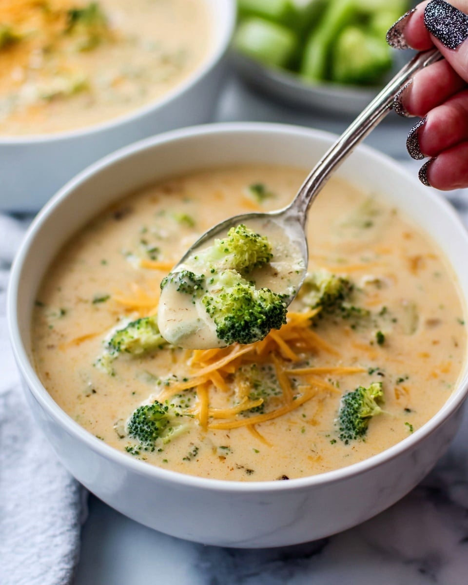A close-up of a white pot filled with creamy, thick soup that has small green broccoli pieces and melted yellow cheese throughout. A large metal ladle with a wooden handle is lifting a scoop of the soup, showing the chunky texture and small bits of black pepper on the surface. The creamy soup base is pale yellow with hints of green and orange from the vegetables and cheese. The background is a white marbled texture. photo taken with an iphone --ar 4:5 --v 7