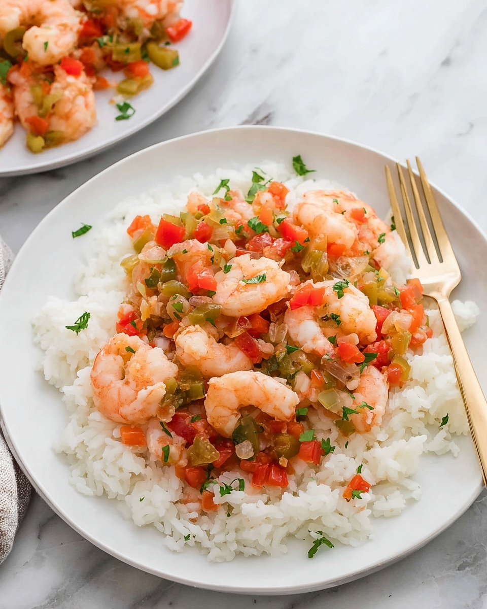 A white plate holds a dish with two visible layers: the bottom layer is a bed of soft, white rice with a slightly fluffy texture, covering the whole plate, and the top layer is a mix of pink-orange shrimp and small diced vegetables including red tomatoes, green bell peppers, and translucent onions, scattered evenly over the rice. Small bits of green herbs are sprinkled on top for color contrast. In the background, part of another plate with the same dish sits on a white marbled surface, with a woman’s hand holding a gold fork placed next to the shrimp mix on the main plate. Photo taken with an iphone --ar 4:5 --v 7