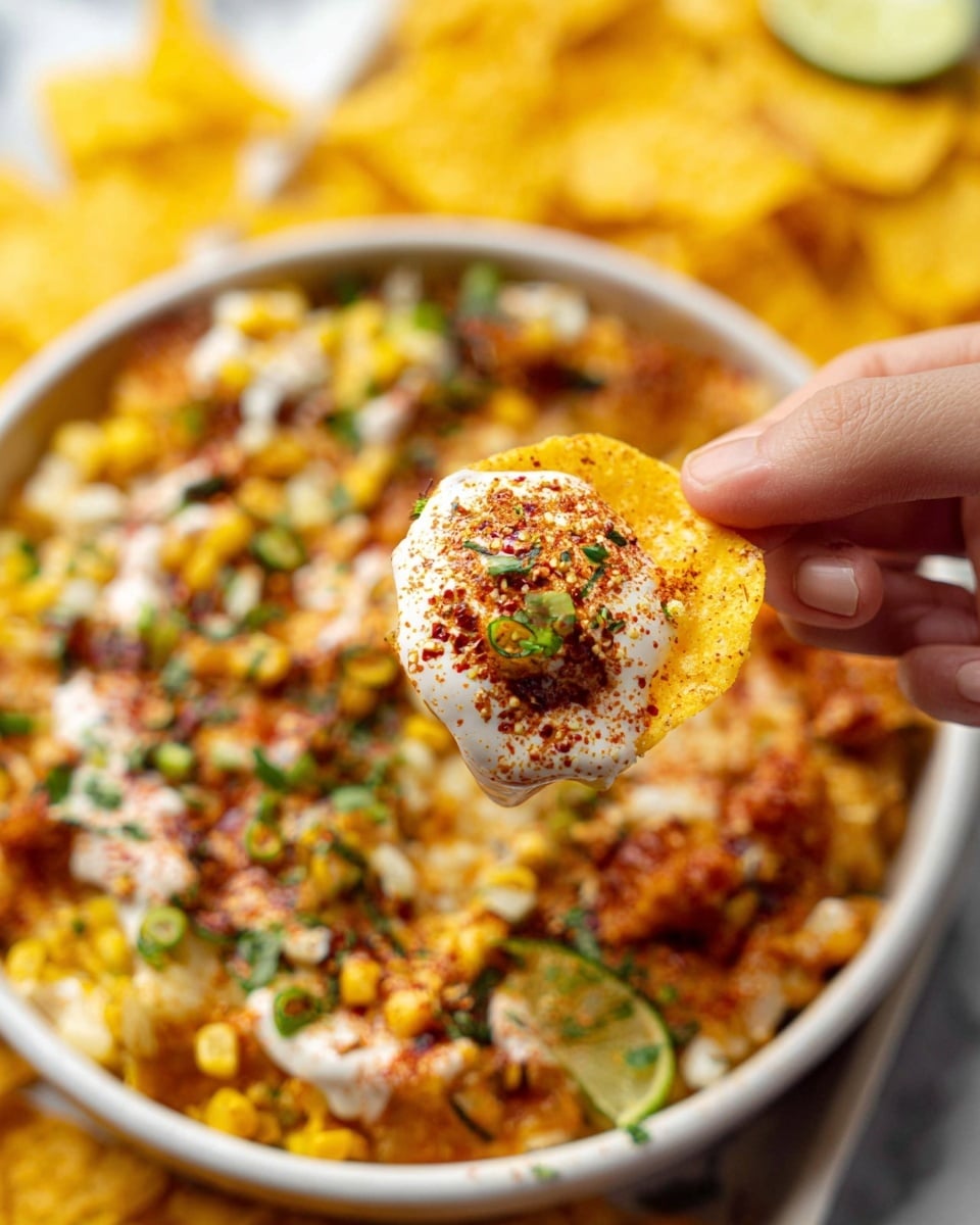 A close-up of a woman's hand holding a round yellow corn chip topped with a thick creamy layer of white sauce, sprinkled with red seasoning and small green herbs. In the background, there is a white bowl filled with a layered dish showing bits of yellow corn, green lime slices, white onion pieces, red spices, and green herbs all mixed together. Around the bowl, more yellow corn chips are placed on a white marbled surface. The colors are bright and textured, creating a fresh and vibrant look. photo taken with an iphone --ar 4:5 --v 7