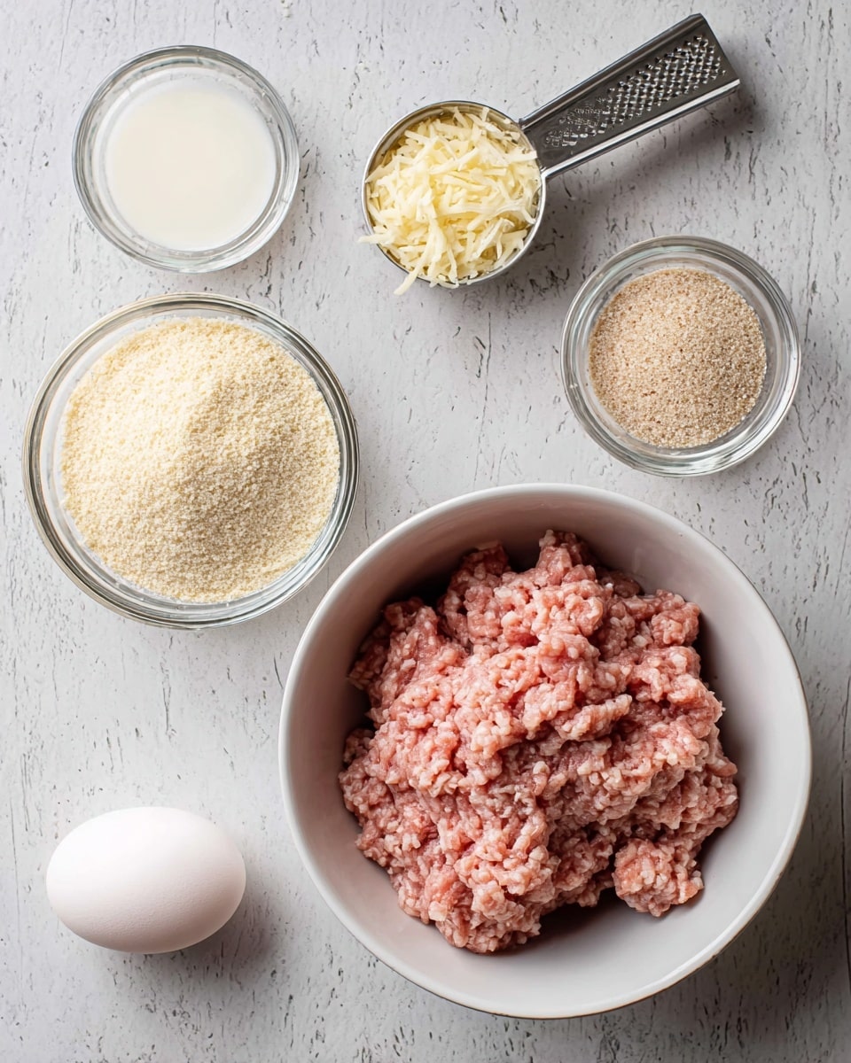 A white bowl filled with raw ground meat sits on a white marbled surface. Next to it are five small containers: a clear glass bowl with light beige breadcrumbs, a metal measuring cup filled with grated pale yellow cheese, a small glass container with light brown granules, a small glass bowl with a little white milk, and a white egg resting directly on the surface. The ingredients are arranged neatly in a semi-circle around the bowl. photo taken with an iphone --ar 4:5 --v 7