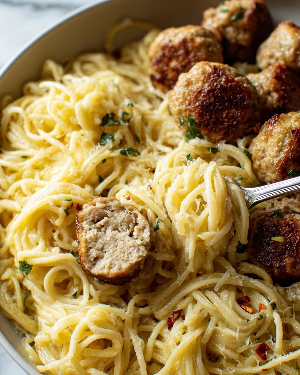 The image shows a close-up view of a dish with two main layers: golden brown meatballs on the upper left and surrounding areas, with crispy textured surfaces and bits of green herbs, and a nest of creamy yellow spaghetti noodles filling most of the bottom and right parts of the plate. One meatball is cut in half, revealing a soft, light beige inside. The noodles have a smooth, slightly glossy texture with a few small red flakes scattered on top. A silver fork is twirling some noodles near the center right, lifting them towards the viewer. The dish is on a white plate, placed on a white marbled surface. Photo taken with an iphone --ar 4:5 --v 7