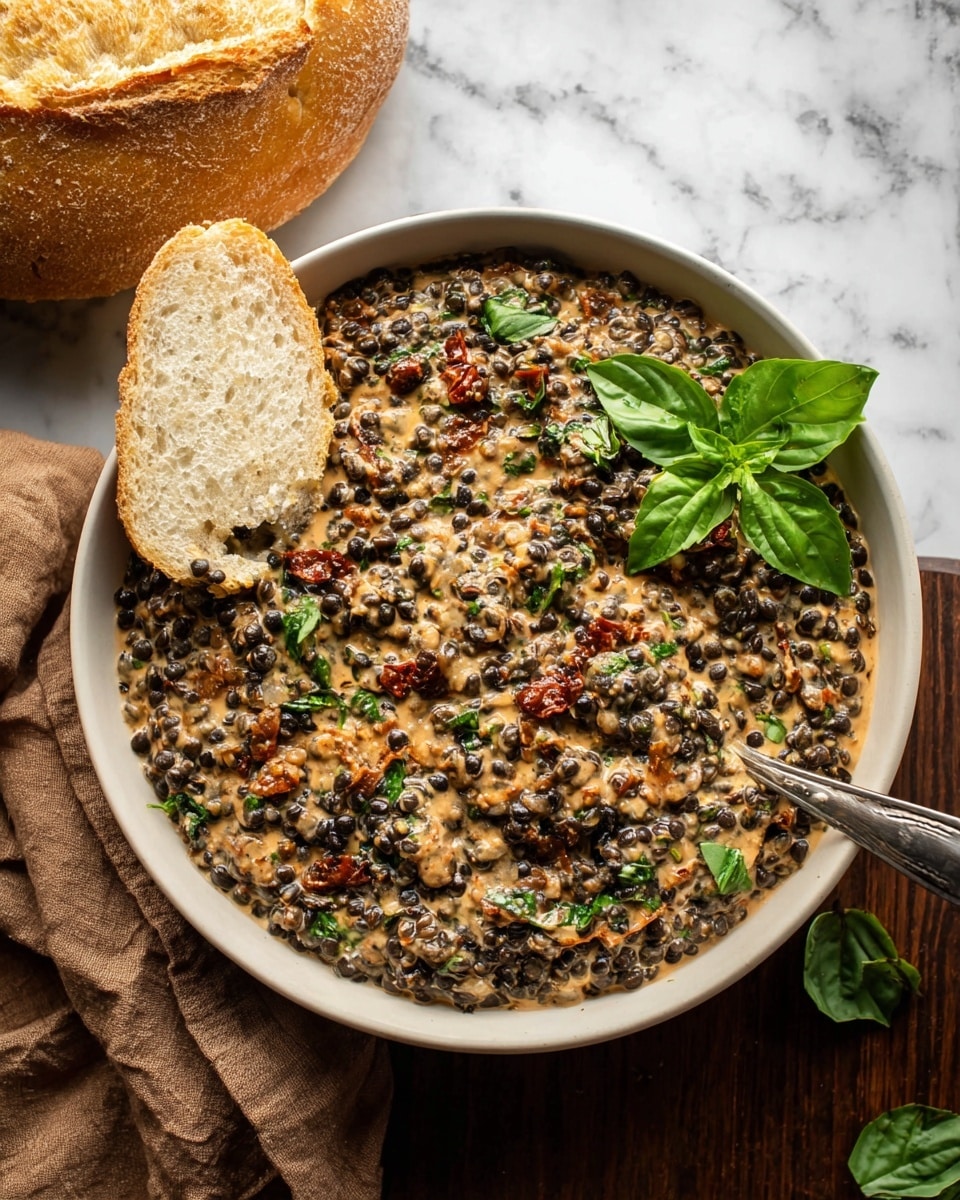 A white bowl filled with a creamy dish made of small black lentils mixed with chopped sun-dried red pieces and green leafy herbs, all coated in a thick beige sauce. A piece of light brown crusty bread is partially dipped into the lentil mixture near the center. Fresh green basil leaves rest on the edge of the bowl. The bowl sits on a white marbled surface, with a folded brown cloth napkin and a round loaf of crusty bread nearby. photo taken with an iphone --ar 4:5 --v 7