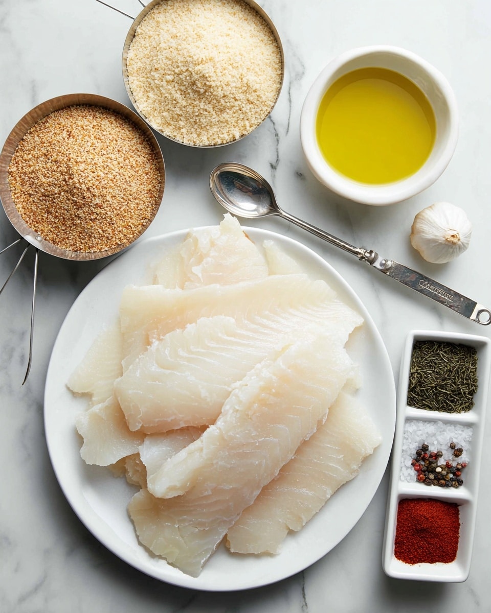 The image shows a white plate full of thick, pale raw fish filets layered slightly overlapping, placed on a white marbled surface. Above the plate, there is a small white bowl with a bright yellow oil liquid and a single clove of garlic beside it. To the left of the plate are three metal measuring cups, each filled with a different type of light brown crumbly powder, arranged from largest to smallest, layered horizontally. Near these cups, a small white dish holds four compartments with varied spices: dark green dried leaves, black and white cracked pepper, coarse white salt, and fine red chili powder. A silver measuring spoon lies between the spices dish and the plate, intersecting partly above the fish filets. The whole setup appears neat and ready for cooking. Photo taken with an iphone --ar 4:5 --v 7