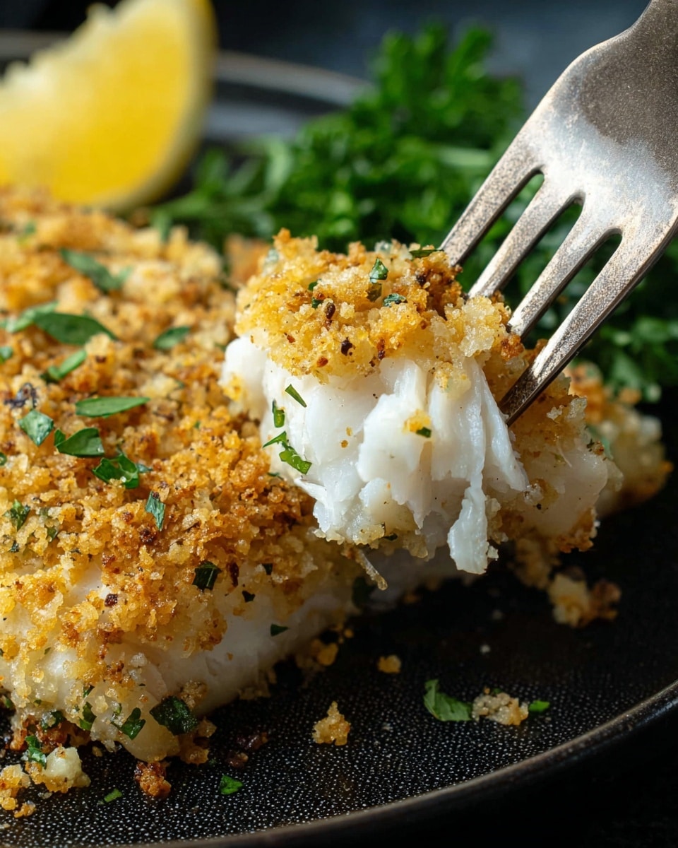 The image shows a close-up of a piece of white fish with a golden crumb layer on top. The crumb layer is rough and crispy with small green herb bits mixed in. A silver fork holds the fish from the left side, lifting a piece to show the soft white layers of the fish beneath the crumb crust. In the background, there is a wedge of bright yellow lemon and some green parsley leaves. The dish is placed on a black textured surface that contrasts with the fish and garnishes. The photo taken with an iphone --ar 4:5 --v 7