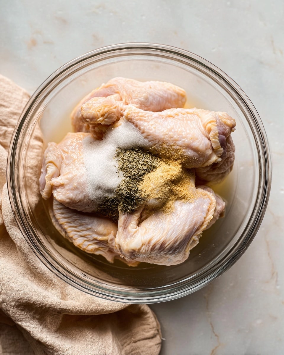 A clear glass bowl sits on a white marbled surface, holding several raw chicken wings with pale pink skin. The chicken is soaked in a light liquid, and on top, there are three visible piles of dry seasonings: one is white coarse salt, another is a green herb powder, and the third is a light yellow powder. The bowl is viewed from above, showing the textures of the raw chicken and the uneven mounds of spices resting on it, with a light beige cloth loosely placed next to the bowl. Photo taken with an iphone --ar 4:5 --v 7