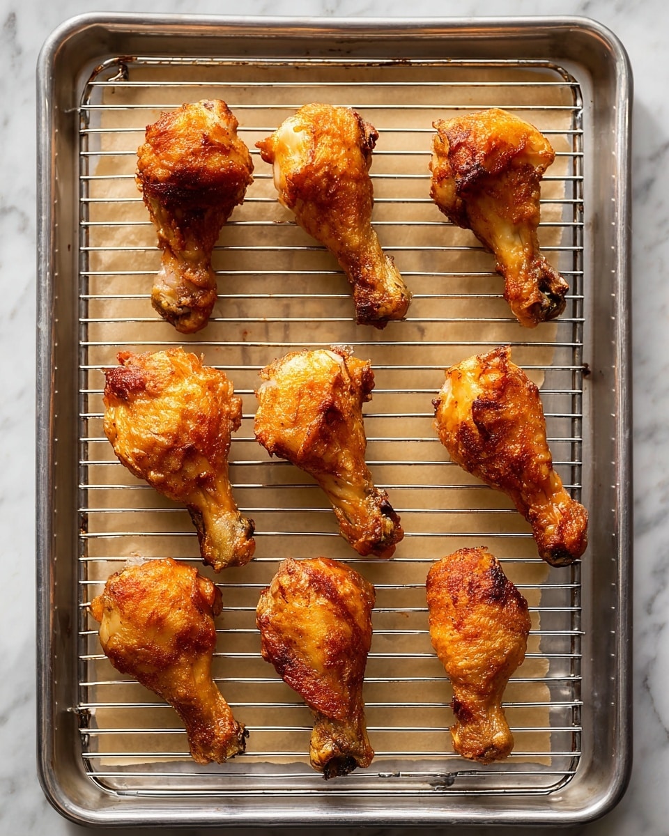 Nine golden-brown cooked chicken drumsticks are evenly spaced on a silver metal wire rack, which sits on a silver baking tray lined with parchment paper. The drumsticks have a crispy texture with some darker crispy edges, showing a rich baked color. The whole setup rests on a white marbled surface that contrasts with the metallic tray and the warm tones of the chicken. The lighting highlights the crispy skin and the slight sheen of cooked juices on the drumsticks photo taken with an iphone --ar 4:5 --v 7