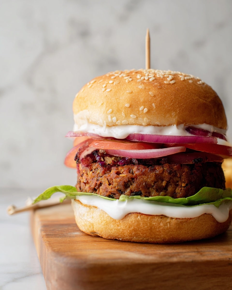 A close-up view of a sandwich shows a sesame seed-topped bun on the top and bottom. Inside, there is a layer of white creamy sauce just below the top bun, followed by slices of red tomato and purple onions. Below the vegetables, there is a thick patty with a rough brown texture and bits of red onion visible. Under the patty, fresh green lettuce sits on a spread of white sauce on the bottom bun. The sandwich is held together with a small wooden pick, and it sits on a wooden board with a white marbled background. photo taken with an iphone --ar 4:5 --v 7