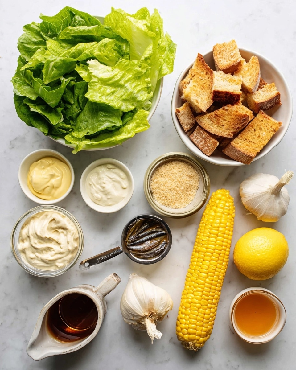 A white bowl filled with fresh green leafy lettuce is on the left, next to it is another white bowl with large pieces of golden brown toasted bread. Above are small white bowls and measures holding creamy white mayonnaise, tan yellow mustard, and light brown finely grated cheese in a metal measuring cup. There is a small open tin of dark brown anchovies, a whole bright yellow lemon, and two garlic cloves in their white skin. To the right is a bright yellow corn cob with white kernels. Two small dishes contain a dark brown liquid and a light orange liquid. All items are arranged on a white marbled surface. Photo taken with an iphone --ar 4:5 --v 7