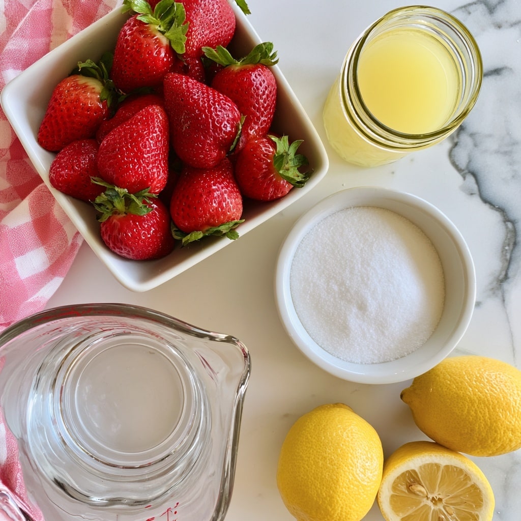 A top view shows a group of fresh red strawberries with green leaves in a white square bowl at the top left. To the right is a small jar filled with pale yellow lemon juice. Below the jar is a white round bowl filled with white sugar. On the bottom left side, there is a large clear glass measuring cup with water inside. At the bottom right corner, there are three whole yellow lemons and one lemon half with visible seeds on a white marbled surface. A pink and white checkered cloth is partly visible on the left side. Photo taken with an iphone --ar 4:5 --v 7