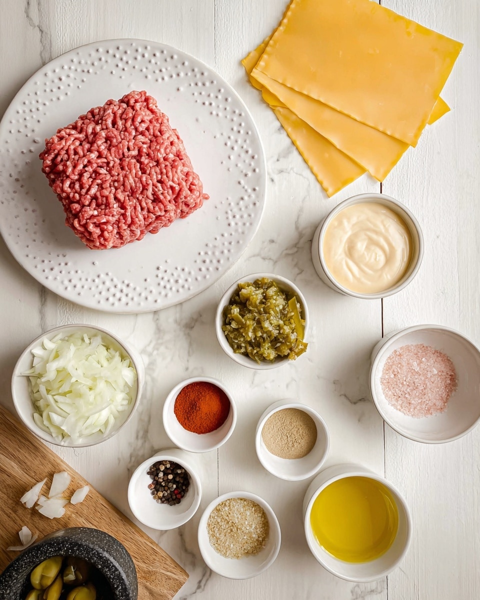 A top view of various cooking ingredients are arranged neatly on a white marbled surface, including a square mound of raw ground meat with a pinkish-red color placed on a white plate with dotted texture on the edge, two square sheets of lasagna pasta on the top right, a small white bowl filled with smooth, light creamy mayo sauce in the center, a small white bowl with finely chopped green relish above the mayo, and several small white bowls containing different spices—one with white flour powder, another with bright red spice, a third with light beige spice, and a fourth with mustard mustard paste. On the bottom left, a white bowl holds finely chopped white onions, and next to it is a white bowl with sliced pickles. A wooden board on the bottom left holds a small black stone mortar with mixed peppercorns and a white salt container with pink salt crystals. On the bottom right, a white cup holds a yellow liquid. The clean and organized setting highlights the fresh and colorful ingredients for a dish photo taken with an iphone --ar 4:5 --v 7