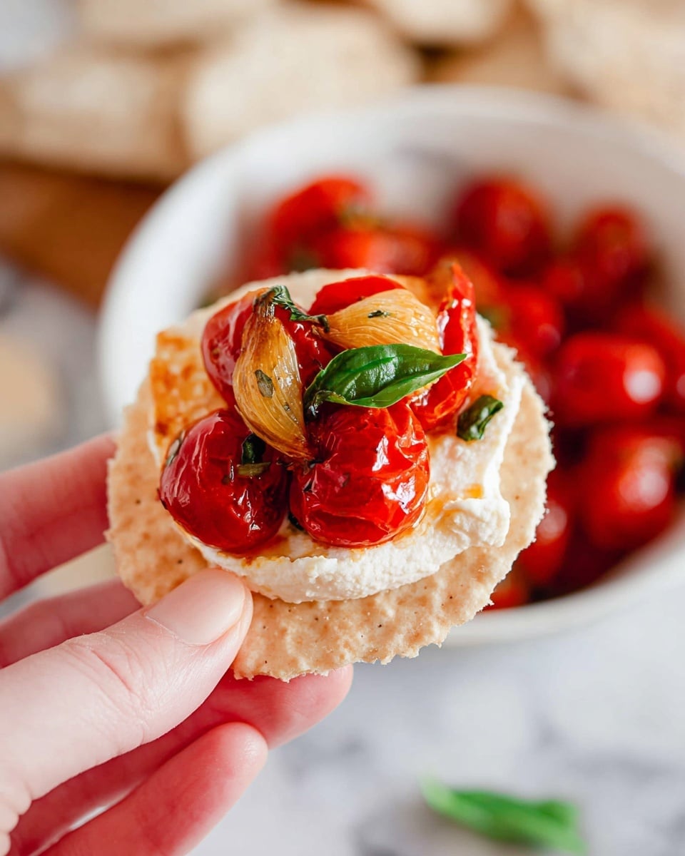 A woman's hand is holding a round cracker with three visible layers on top: the bottom layer is the beige cracker with a rough texture, the middle layer is a smooth, thick spread of white cheese, and the top layer includes bright red roasted cherry tomatoes with shiny skin, a small piece of golden-brown roasted garlic, and a green basil leaf. In the background, there is a white bowl filled with more red roasted cherry tomatoes on a white marbled surface. Photo taken with an iphone --ar 4:5 --v 7