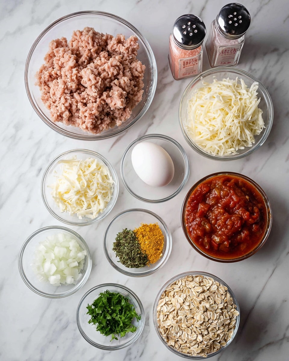 A top-down view of multiple small clear glass bowls arranged on a white marbled surface. The largest bowl on the left is filled with light pink ground meat, next to it on the right is a bowl of white shredded cheese. Below the meat is a single white egg, and near the egg is a small bowl with a mix of green herbs and yellow spices. Just below that is another bowl with chopped green herbs. To the right, there is a bowl of chunky, deep red tomato sauce. Near the bottom left, there is a bowl with finely chopped white onions, and next to it at the bottom center is a bowl filled with rolled oats. Two tall bottles of pink salt and black pepper stand in the upper center background. Photo taken with an iphone --ar 4:5 --v 7