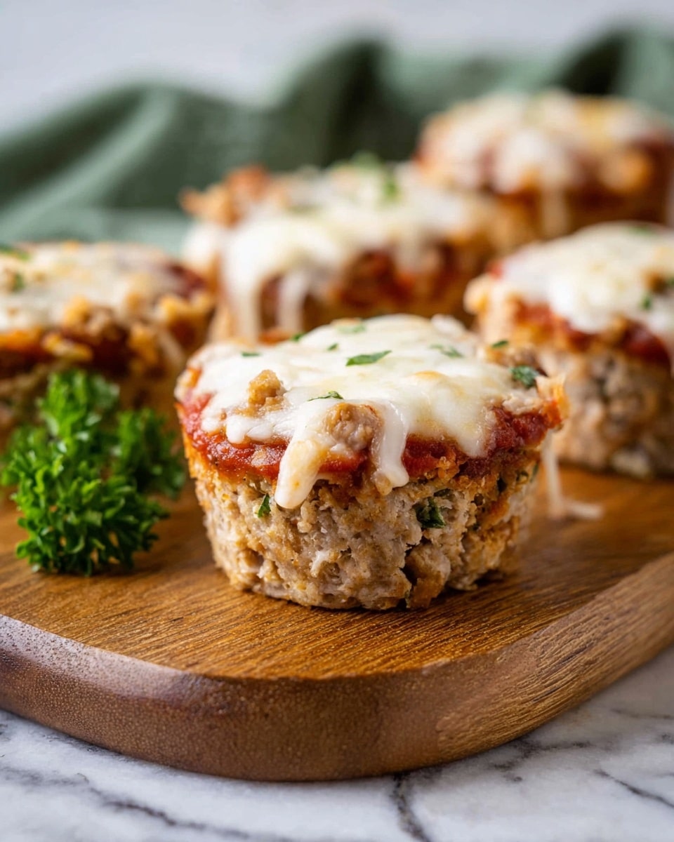 The image shows mini baked cups with three visible layers on a wooden board. The bottom layer is a beige, crumbly meat mixture with small green herbs mixed in. Above this is a thin red layer of tomato sauce that is slightly uneven. The top layer is melted white cheese with some light orange spots, slightly dripping over the edges. In the background, more of these mini cups are slightly blurred, and to the left, there is some green parsley on a white marbled background. photo taken with an iphone --ar 4:5 --v 7