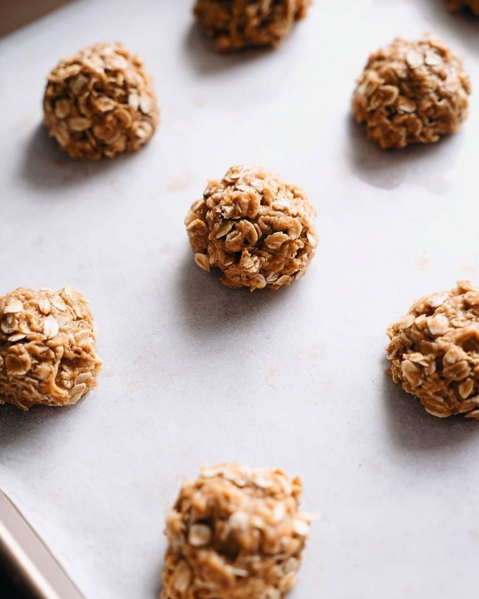 On a baking tray with a white marbled texture, there are several small, round oatmeal cookie dough mounds spaced evenly apart. Each mound has a rough, lumpy texture made from visible oats and small bits of dough, with a light brown color. The dough looks thick and dense, sitting on a smooth, shiny surface on the tray. The tray is in bright, natural light highlighting the rough texture of each dough mound, with no other items or colors in the scene. photo taken with an iphone --ar 4:5 --v 7