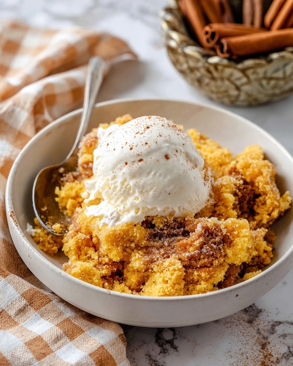 A close-up view of a white bowl containing a warm, crumbly dessert made of golden yellow and light brown layers with a slightly crispy and soft texture. There is a scoop of creamy white ice cream sitting on top in the center, showing tiny vanilla bean specks. On the left side inside the bowl is a silver spoon resting against the dessert. Behind the bowl, there is a beige and white checkered cloth and a decorative bowl filled with cinnamon sticks in a slightly blurred background with a white marbled texture. Photo taken with an iphone --ar 4:5 --v 7