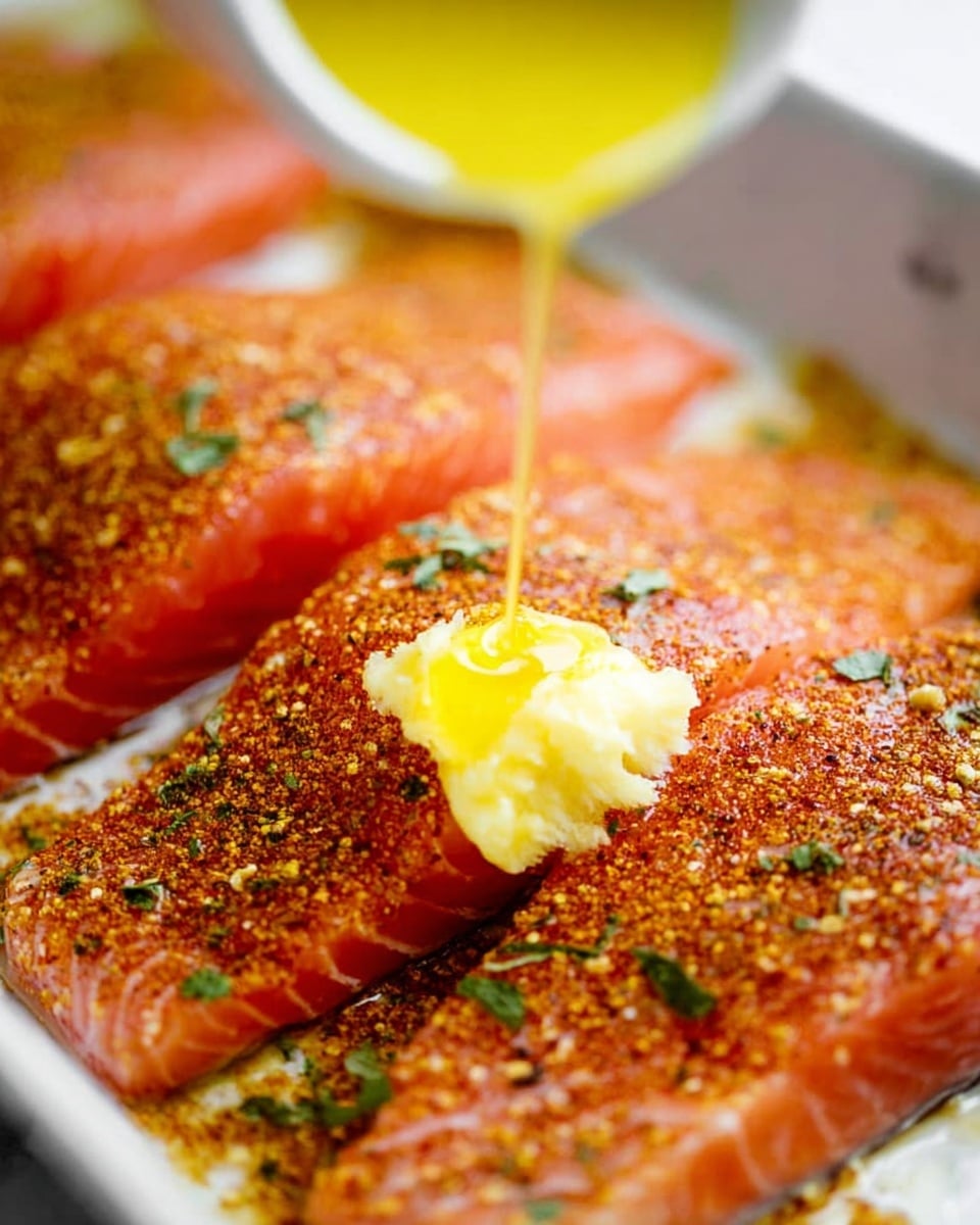 A close-up image of three raw pink salmon fillets lined up side by side in a white tray on a white marbled surface. Each fillet is covered with a reddish-brown spice mix and scattered green herbs. On the middle fillet, there is a dollop of yellow butter, and from above, a bright yellow liquid is being poured over the fillets. The stream of liquid is in focus as it falls onto the butter and salmon, creating a fresh and flavorful look. The blurred background emphasizes the textures of the raw fish and spices photo taken with an iphone --ar 4:5 --v 7