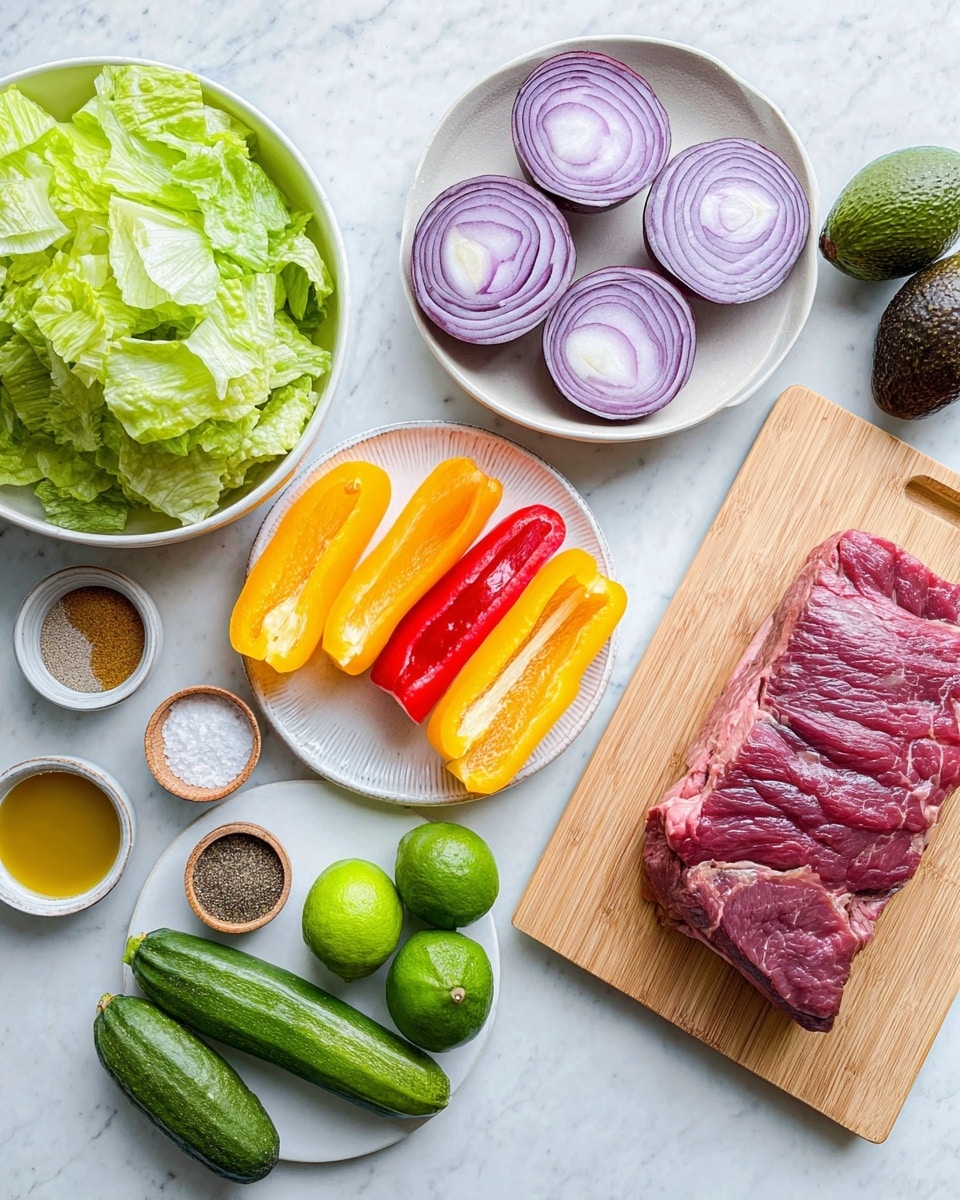 The image shows different fresh ingredients arranged neatly on a white marbled surface. On the left, there is a white bowl full of chopped light green lettuce leaves. Below it, a white bowl holds several thick, round slices of purple onion with visible layers. In the center, a white plate holds five pieces of yellow and red bell pepper, each smooth and shiny, laid side by side. To the right, a white plate holds two long, green, peeled cucumber halves with visible texture. Near the middle top, there are three whole green limes and one dark green avocado with a bumpy surface. At the bottom, there are three small round bowls, one with a golden liquid, one with ground spices in black, brown, and white, and another with salt. On the right side, a light wooden cutting board holds a large piece of raw red meat with visible marbling. photo taken with an iphone --ar 4:5 --v 7