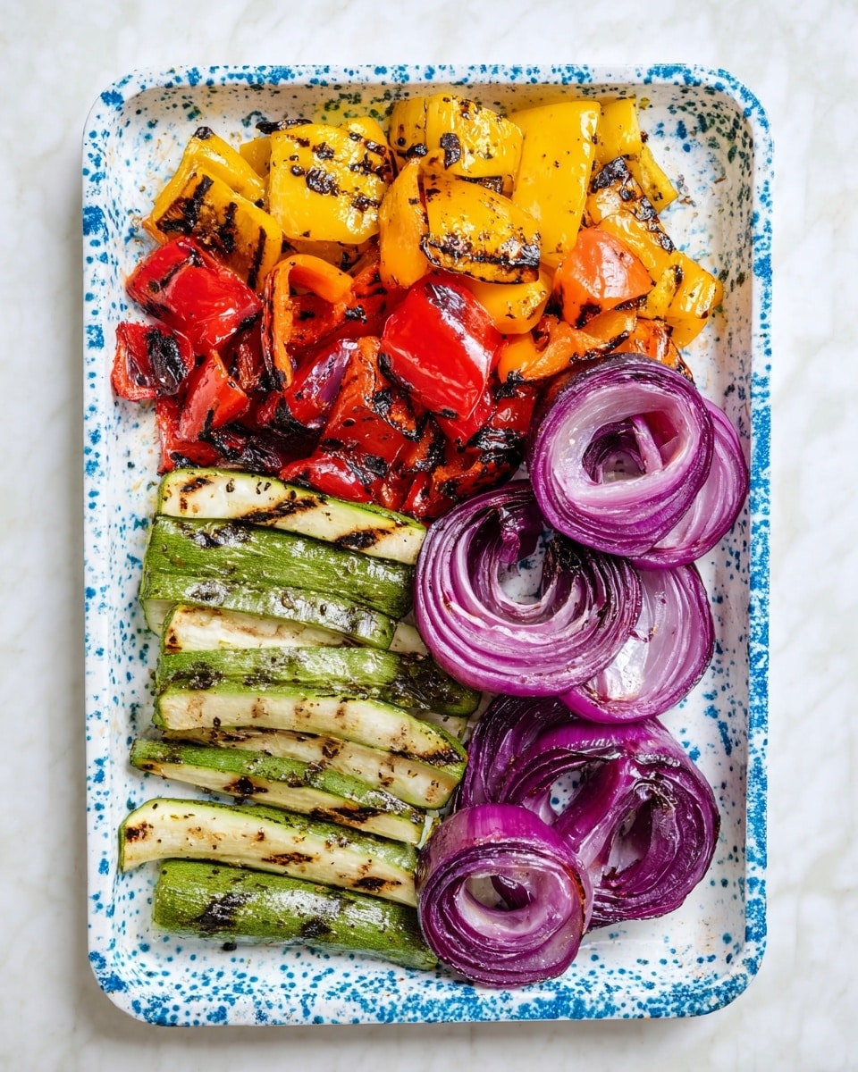 A white tray with blue speckled patterns holds a colorful mix of grilled vegetables arranged in layers: on the left, there are chunks of yellow, red, and orange bell peppers with charred black spots that create a textured look; below them are green zucchini strips with visible grill marks and slight black charring; on the right side, there are several rings of purple-red onions, some stacked and some loose, all with dark grill marks in spiral patterns. The tray is set on a white marbled surface. photo taken with an iphone --ar 4:5 --v 7