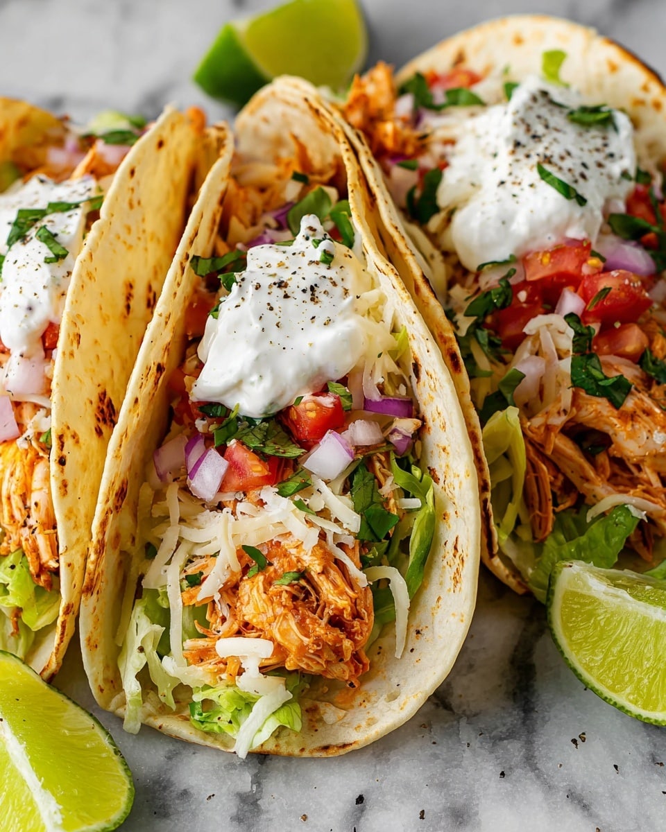 Three soft tortillas with light brown spots are folded and filled with layers, starting from a base of lettuce and shredded orange chicken, topped with shredded white cheese, diced red onions, tomatoes, and green herbs, finished with a dollop of white sour cream sprinkled with black pepper. The tacos rest on a white marbled surface with two lime wedges nearby. photo taken with an iphone --ar 4:5 --v 7