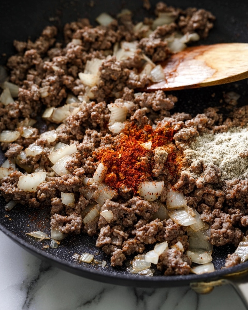 The image shows a bowl filled with one layer of creamy pasta mixed with ground meat sauce. The pasta is elbow-shaped and yellowish-orange in color, coated evenly by a thick, reddish-brown meat sauce with visible small chunks of ground meat. The bowl is white and placed on a white marbled surface. In the background, there is a blurry cloth with black and white stripes and some green leafy garnish. photo taken with an iphone --ar 4:5 --v 7