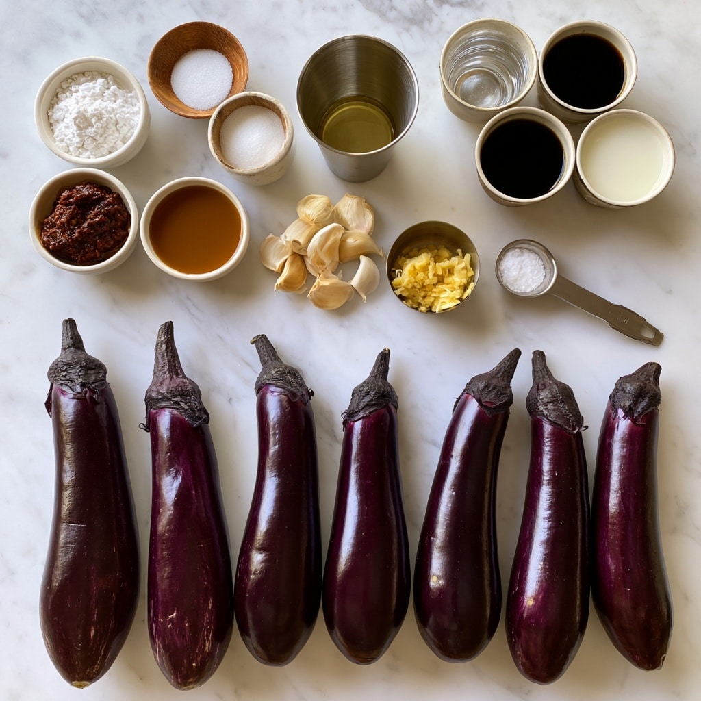 The image shows a white marbled surface with several ingredients arranged neatly. At the bottom, six long purple eggplants with dark tops line up horizontally. Above them are small white bowls containing white cornstarch powder, dark brown chili paste, and a light brown liquid labeled light soy sauce. There is a small wooden bowl with white cornstarch and another with white sugar. A metal cup contains pale yellow oil, while three small metal or ceramic bowls hold water, and dark black liquids for dark soy sauce, black vinegar, and white vinegar, arranged near the top right. In the middle, there are whole peeled garlic cloves and a small metal cup with finely chopped yellow ginger. A metal measuring spoon filled with white salt is placed near the garlic. All ingredients are placed in a clear, organized way on the white marbled surface. photo taken with an iphone --ar 4:5 --v 7