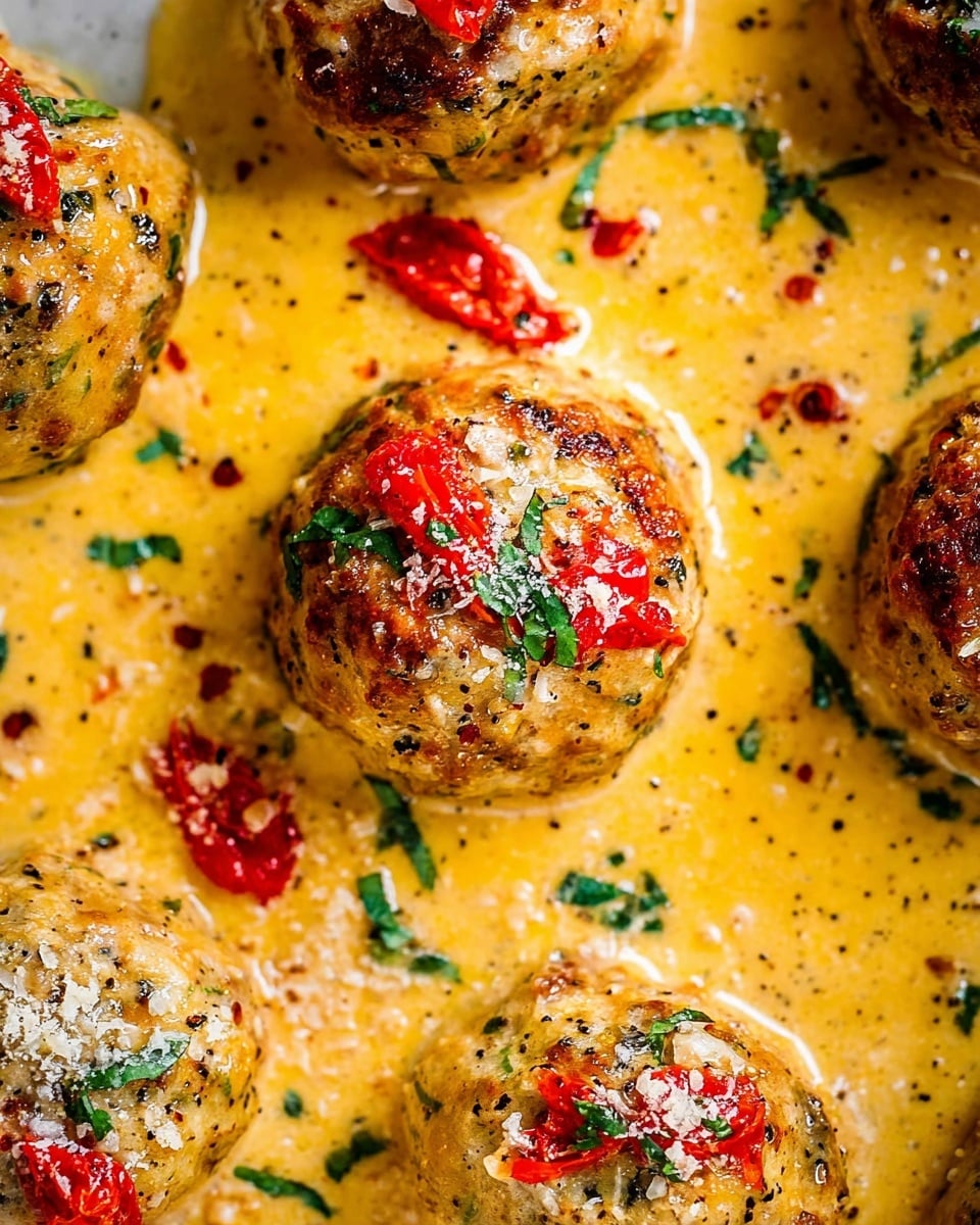 The image shows round meatballs covered in a yellow creamy sauce with black pepper and herbs spread throughout. Each meatball is topped with small red pieces of roasted tomatoes and sprinkled with finely grated cheese and green herbs. The sauce pools around the meatballs, creating a textured, creamy yellow base with visible small herb flakes and tiny red chili flakes. The background surface is a white marbled texture. photo taken with an iphone --ar 4:5 --v 7