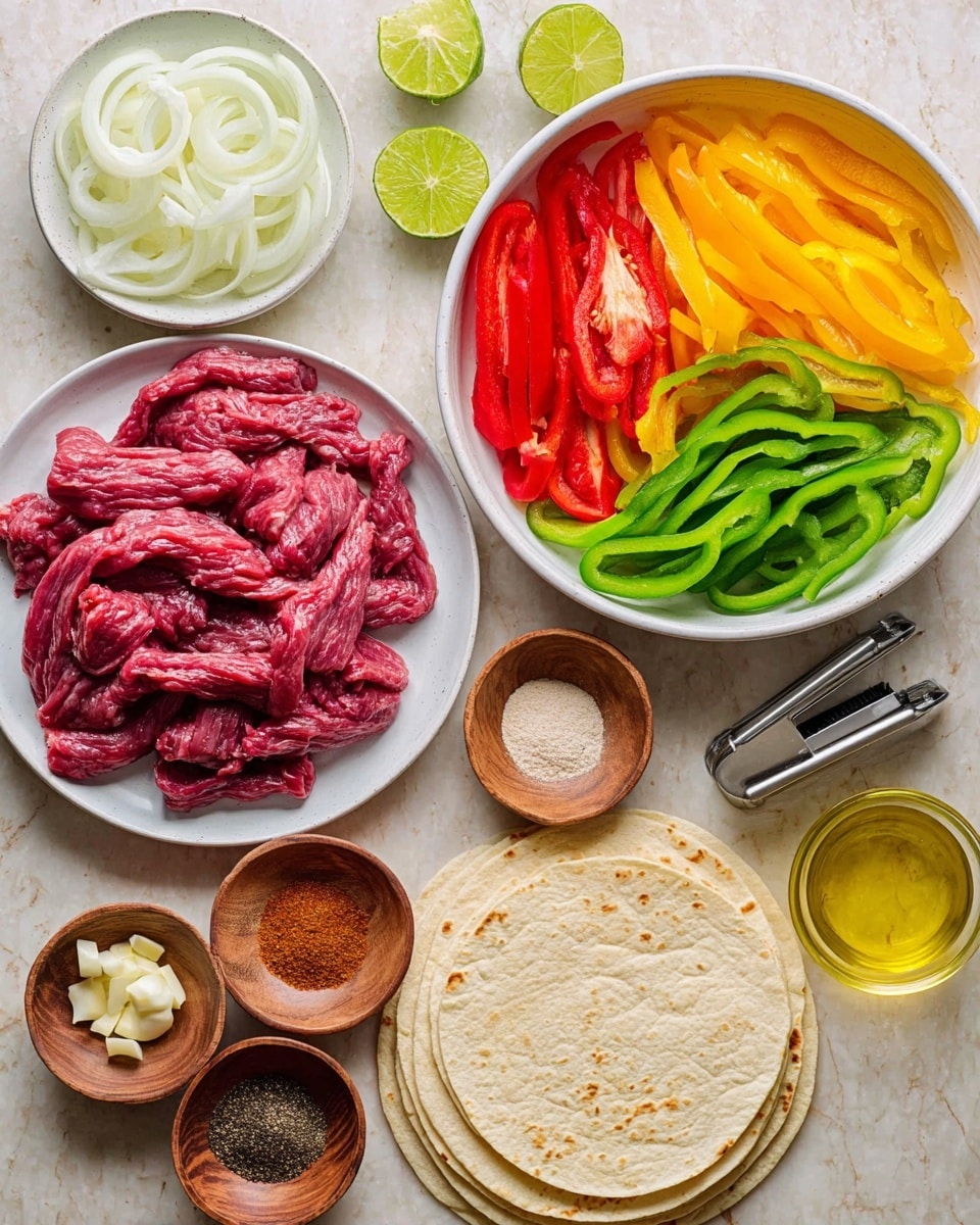 The image shows many ingredients laid out on a white marbled surface for making a dish. At the bottom left, there is a white plate filled with fresh, thin red meat strips, with visible marbling. Above it, a white bowl holds thin white onion slices. Nearby, a large white bowl contains three sections of sliced bell peppers: yellow, green, and red, each with crisp and bright colors. To the right of the onion, a small wooden bowl has different spices, arranged in separate piles of red, white, black, and brown powders. Another small wooden bowl next to it holds minced garlic. On the right side, there are four light-colored flour tortillas stacked on top of each other. Above the meat and near the top left corner, two lime halves rest next to a metal lime squeezer. At the bottom right, a small glass container holds a yellow cooking oil. All items are neatly arranged for preparing a fresh, colorful meal photo taken with an iphone --ar 4:5 --v 7
