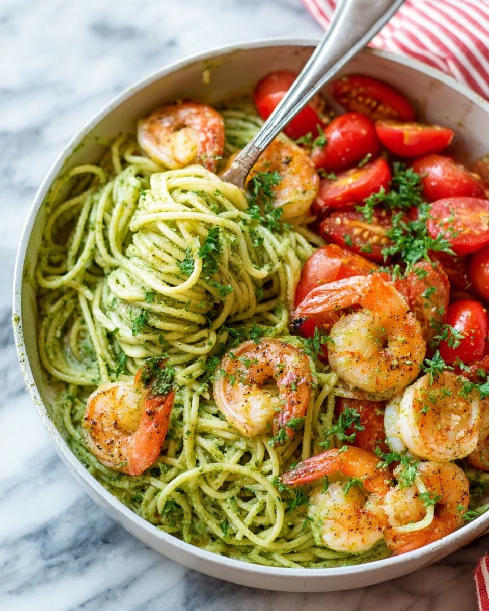 A white round pan filled with three main layers: the bottom layer is green pesto spaghetti intertwined with light green sauce, the middle layer has bright red halved cherry tomatoes scattered evenly, and the top layer features several pink-orange cooked shrimp with a slightly charred texture around the edges. Small sprigs of fresh dark green parsley are sprinkled over the dish, adding contrast and freshness. A silver spoon lifts some spaghetti and shrimp on the left side of the pan, and the dish sits on a white marbled surface with a blurred red-striped cloth in the background. Photo taken with an iphone --ar 4:5 --v 7
