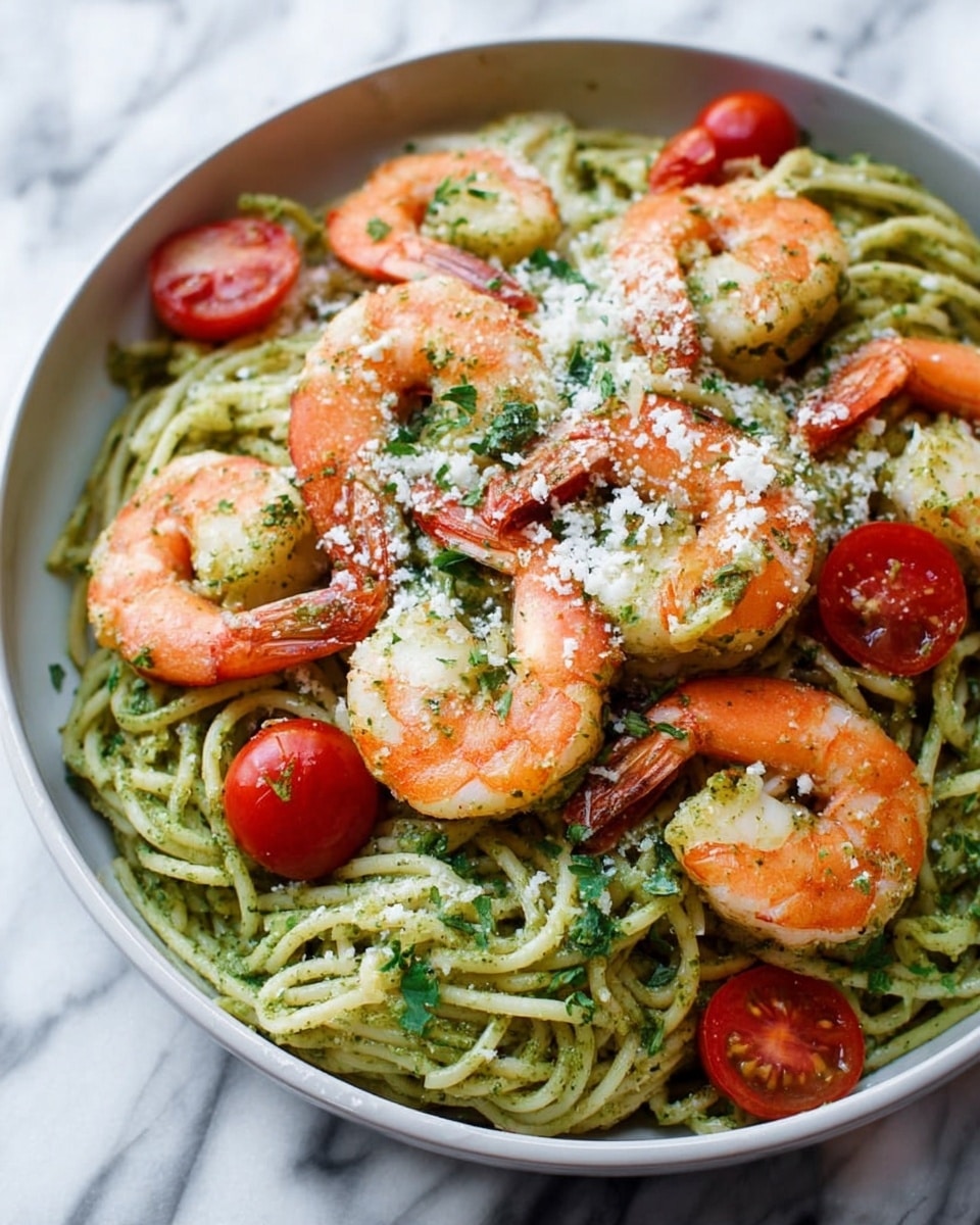 A bowl filled with several layers: the bottom layer has green spaghetti coated in pesto sauce, giving it a smooth, glossy texture; scattered over the pasta are bright red cherry tomato halves providing a fresh contrast; large, cooked shrimp with orange-pink shells and white flesh are placed on top evenly around the bowl; white grated cheese and small green parsley leaves are sprinkled on the dish, adding a powdery and leafy texture; the bowl is white and sits on a white marbled surface. photo taken with an iphone --ar 4:5 --v 7
