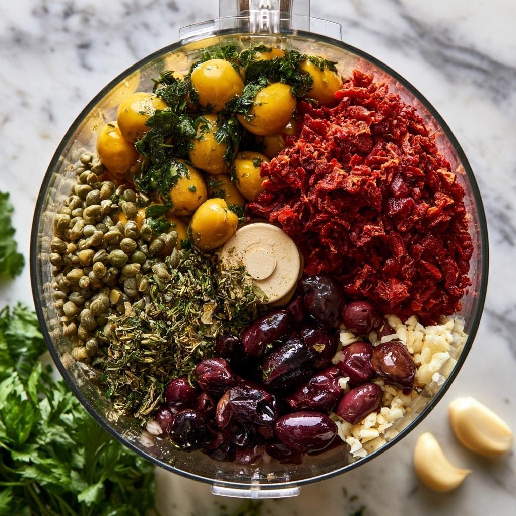 Inside a clear food processor bowl on a white marbled surface, there are six main ingredients layered around the center blade. Starting at the top and moving clockwise: bright yellow olives mixed with green leafy herbs; next to them, a pile of finely chopped sun-dried tomatoes in deep red color; below that, small green capers; then a mix of dried green herbs; followed by dark purple olives, some with a shiny skin; and finally, small bits of white garlic pieces. Outside the bowl, fresh green parsley and two pale garlic cloves are placed on the white marbled surface. photo taken with an iphone --ar 4:5 --v 7