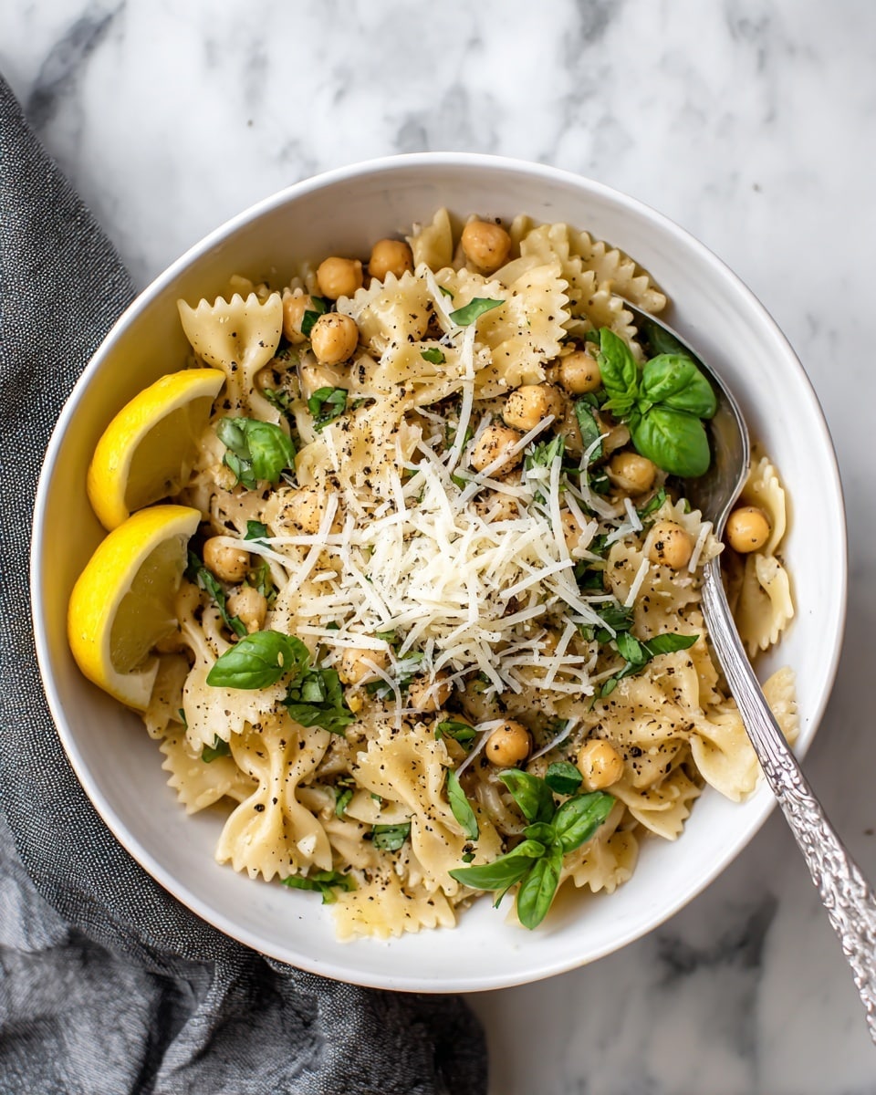 A white bowl filled with a dish that has three main layers: at the bottom, there is a layer of bowtie pasta in a light cream color mixed with beige chickpeas; scattered on top are fresh green basil and parsley leaves; in the center, a small pile of thin, shredded cheese is sprinkled with black pepper; finally, two lemon wedges rest on the side. A silver spoon is placed inside the bowl, and the bowl sits on a white marbled surface with a gray cloth partially visible on the left side. photo taken with an iphone --ar 4:5 --v 7