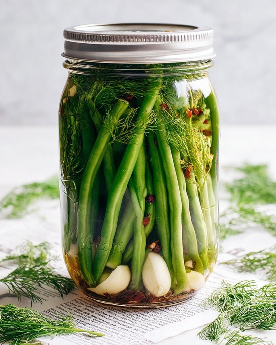A clear glass jar filled with long green beans standing upright inside, mixed with sprigs of fresh dill and slices of white garlic. There are small red pepper flakes and brown seeds scattered inside the jar with a liquid brine filling the jar almost to the top. The jar is sealed with a silver metal lid and sits on a white marbled surface covered lightly by a newspaper with some fresh dill sprigs around it. photo taken with an iphone --ar 4:5 --v 7