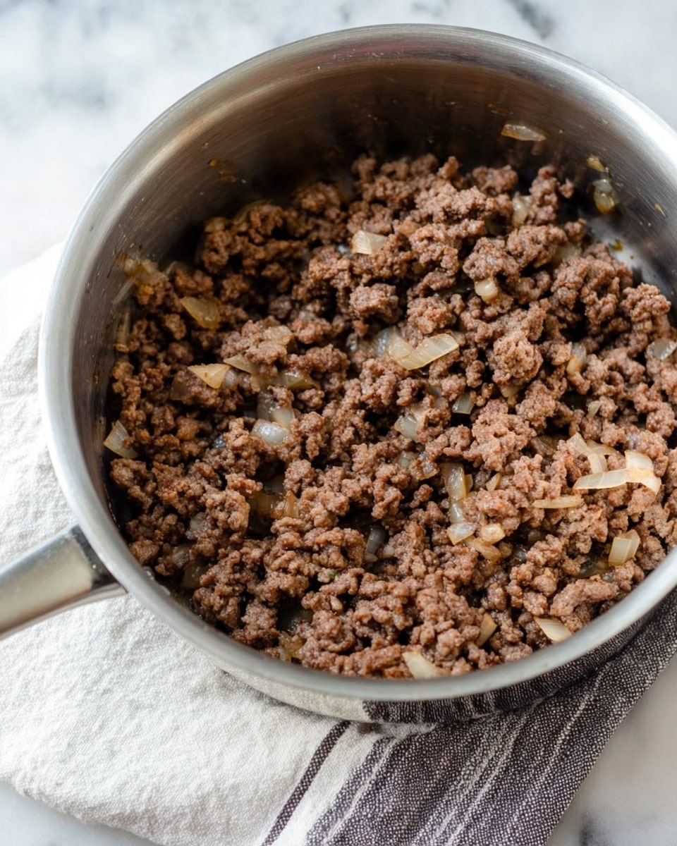 A close-up image of a stainless steel pot filled with cooked ground beef mixed with small pieces of translucent cooked onion, the beef is crumbly and brown with some parts slightly darker, sitting on a white marbled surface with a cloth napkin nearby. Photo taken with an iphone --ar 4:5 --v 7
