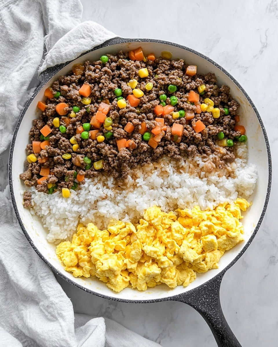 A white skillet filled with three clear layers of food: the top layer is minced cooked beef mixed with small pieces of orange carrot, green peas, and yellow corn, creating a mix of brown, orange, green, and yellow colors; below that is a layer of white rice tipped with a light brown sauce; the bottom layer consists of bright yellow scrambled eggs with a soft texture. The skillet sits on a white marbled surface with a white cloth nearby. Photo taken with an iphone --ar 4:5 --v 7