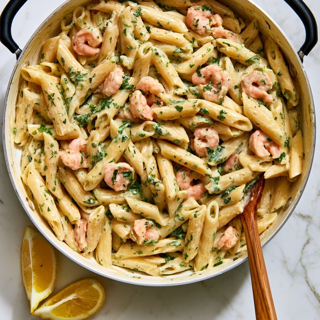 The image shows a white pan with black handles filled with creamy penne pasta mixed with small pink shrimp and green herbs scattered evenly throughout. The pasta is coated in a light cream sauce, giving it a soft, glossy texture. Two lemon wedges, bright yellow with some pulp visible, rest on the white marbled surface next to the pan. A wooden spoon is partially visible in the pan, touching the pasta near the bottom right. The background is a clean white marbled texture. photo taken with an iphone --ar 4:5 --v 7