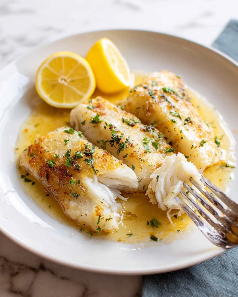 A white plate holds three pieces of golden brown fish fillets arranged closely in the center, topped with small green herb sprinkles. On the left side of the plate, two bright yellow lemon wedges sit upright. The fish sits in a light, glossy sauce that pools around the fillets on the white plate. At the front right, a fork is picking up a piece of the flaky fish, showing its white, soft texture. The plate rests on a surface with a white marbled texture. photo taken with an iphone --ar 4:5 --v 7