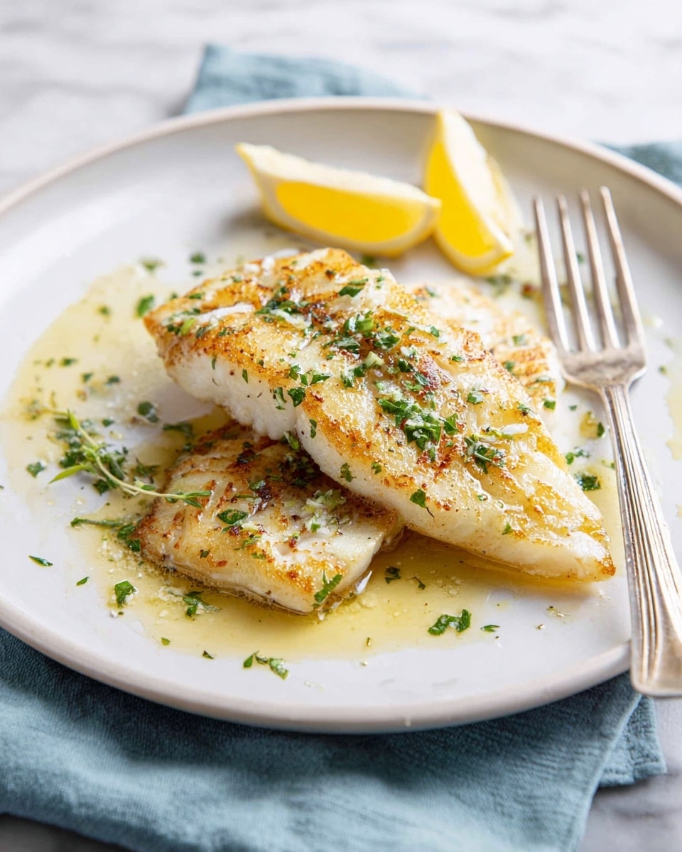 A white plate holds two pieces of golden-brown cooked fish fillets stacked slightly on top of each other, garnished with chopped green herbs and a light drizzle of melted butter sauce that pools around the base; a fork rests on the right side of the plate, and two thin lemon wedges are placed near the top left edge, all set against a white marbled surface with a soft blue cloth nearby. photo taken with an iphone --ar 4:5 --v 7