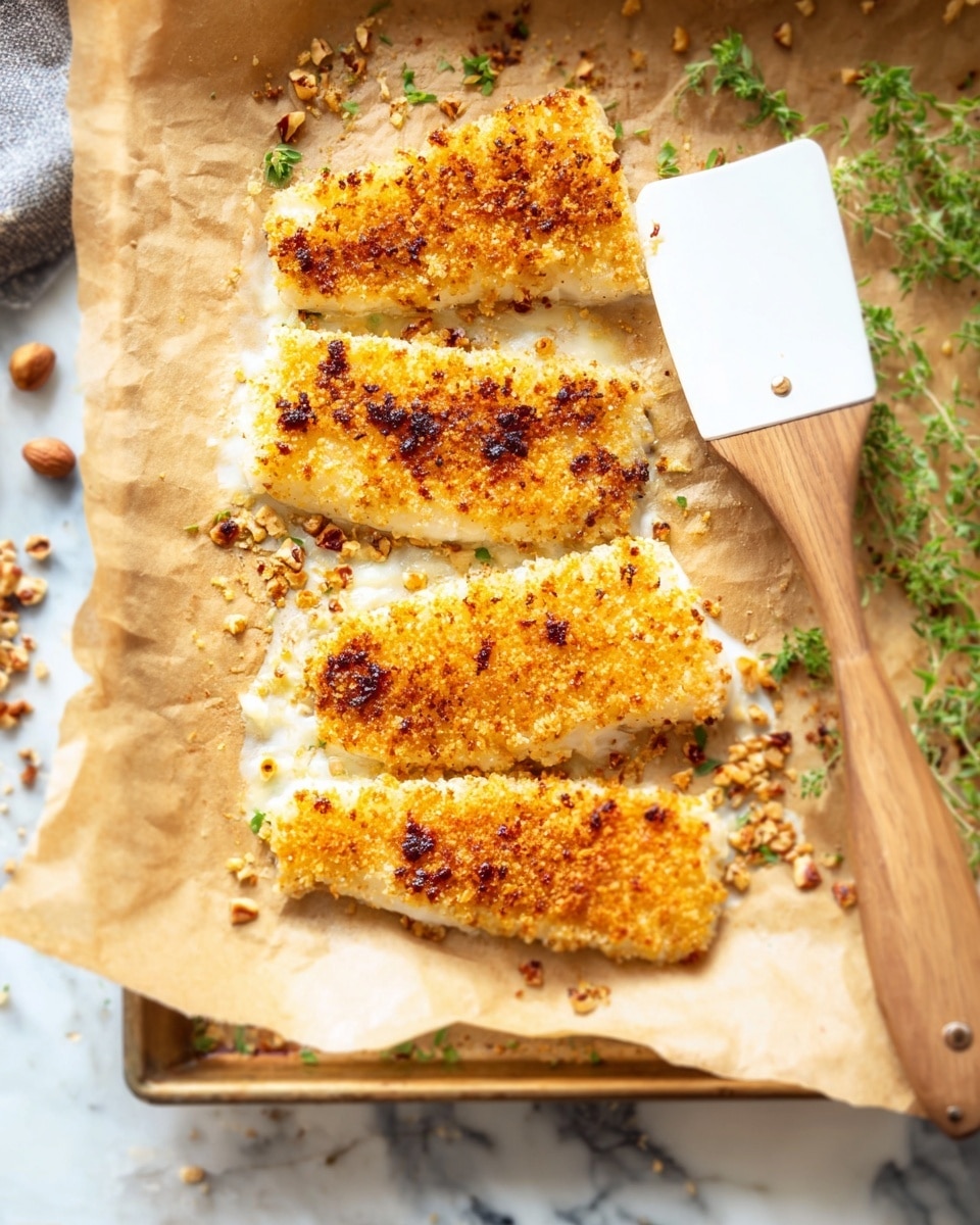 A close-up of four pieces of breaded and toasted fish fillets with a golden-brown, crispy layer on top showing some darker toasted spots, each piece arranged on parchment paper over a baking tray, with one piece held up by a white spatula with a wooden handle close to the camera, a white marbled surface visible at the edges with small green herbs and nuts scattered around, photo taken with an iphone --ar 4:5 --v 7