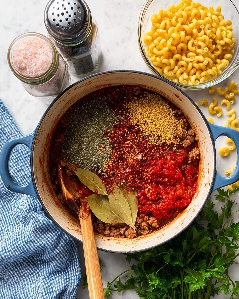 A large white pot with blue handles shown from above, filled with layers of ingredients including ground meat, green dried herbs spread on the left, vibrant red tomato paste and sauce topped with red chili flakes and paprika powders in the middle, some light brown powder, and two whole bay leaves resting near the bottom; a wooden spoon with red sauce stains rests inside the pot on the right side. To the upper right, a clear glass bowl filled with uncooked yellow elbow macaroni is placed on a white marbled surface, with a few macaroni pieces scattered nearby. On the upper left, there are two tall grinders, one filled with black pepper and the other with pink salt. The corner of a blue and white checkered cloth and some fresh green parsley are visible at the bottom edges. Photo taken with an iphone --ar 4:5 --v 7