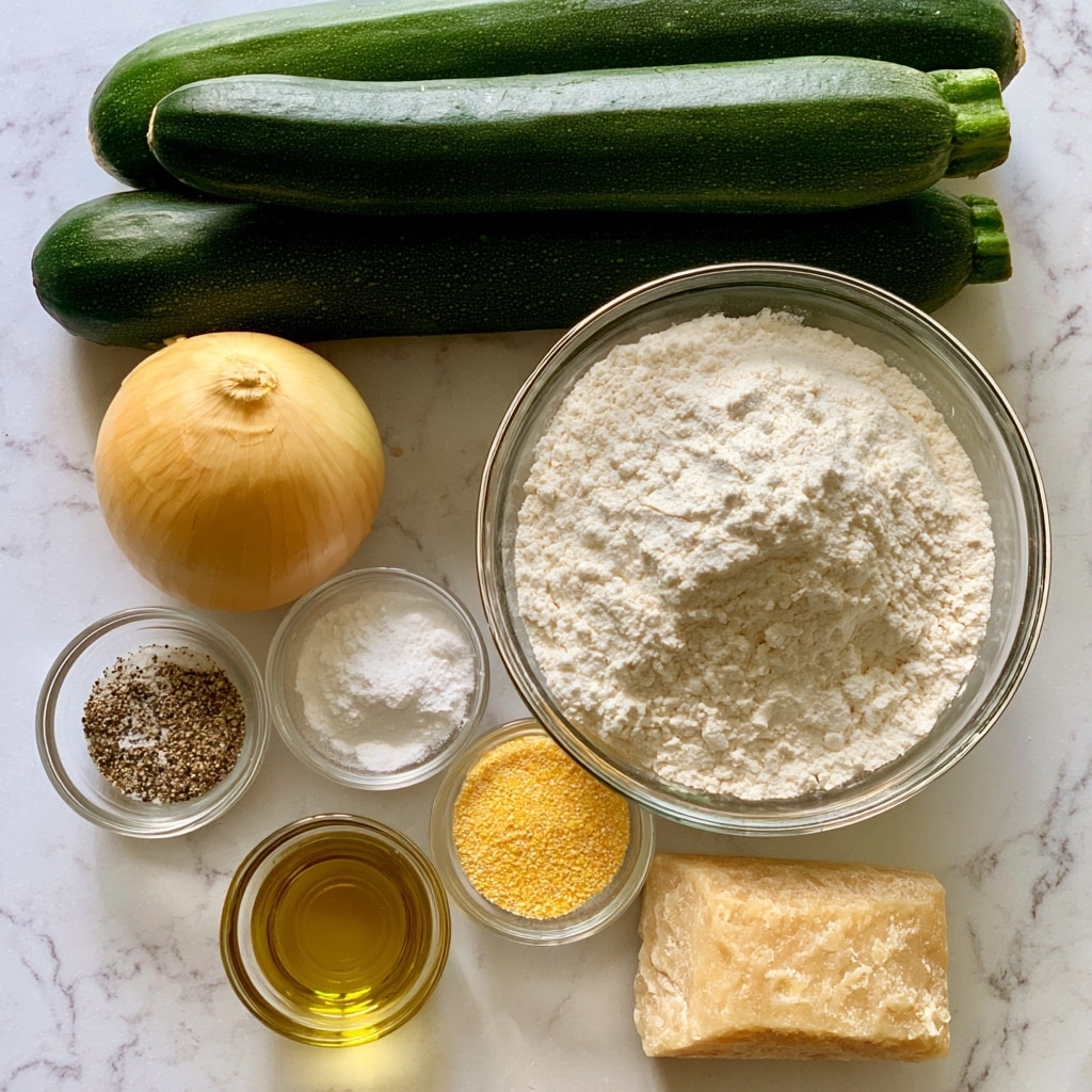 The image shows several cooking ingredients arranged on a surface with a white marbled texture. At the top, there are three long, dark green zucchinis stacked on each other. Below the zucchinis, a round yellow onion is placed to the left. To the right of the onion, there is a clear glass bowl filled with white flour. Underneath, from left to right, there are small clear bowls with salt and pepper mix, white cornstarch, and yellow cornmeal. A small glass bowl filled with golden olive oil is below the cornstarch. To the right of the olive oil, at the bottom, there is a chunk of pale yellow Parmigiano cheese with a rough texture. Each ingredient is clearly visible and arranged neatly. Photo taken with an iphone --ar 4:5 --v 7
