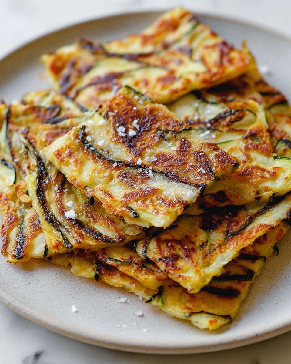 The image shows a stack of flat, rectangular pieces of zucchini pancake with a golden brown and slightly crispy surface. The pancake has visible dark green and blackish grilled zucchini slices embedded in a smooth, light yellow batter. The edges are crispy and slightly darker, with some browned spots throughout. The pieces are piled casually on a white plate sitting on a white marbled surface, and some coarse salt grains are sprinkled over the pancake tops. photo taken with an iphone --ar 4:5 --v 7
