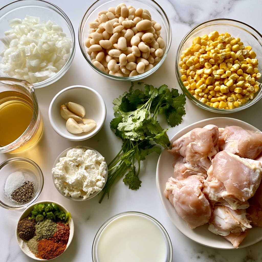 The image shows multiple clear glass bowls with different ingredients placed on a white marbled surface. One bowl contains white chopped onion, another has pale beige great northern beans, and a third holds bright yellow corn kernels. A small white bowl contains peeled garlic cloves, and another small white bowl has salt and pepper. There is a small bowl filled with white cream cheese and another with green chopped green chiles. A clear glass measuring cup holds golden chicken broth. Fresh green cilantro with leaves and stems is placed near the cream cheese. Several raw chicken pieces with a light pink color rest on a white plate. A small round dish has different spices including cumin, oregano, cayenne, and chili powder in earthy tones. Finally, a small glass bowl holds white half and half liquid. All ingredients are neatly arranged and labeled clearly. Photo taken with an iphone --ar 4:5 --v 7