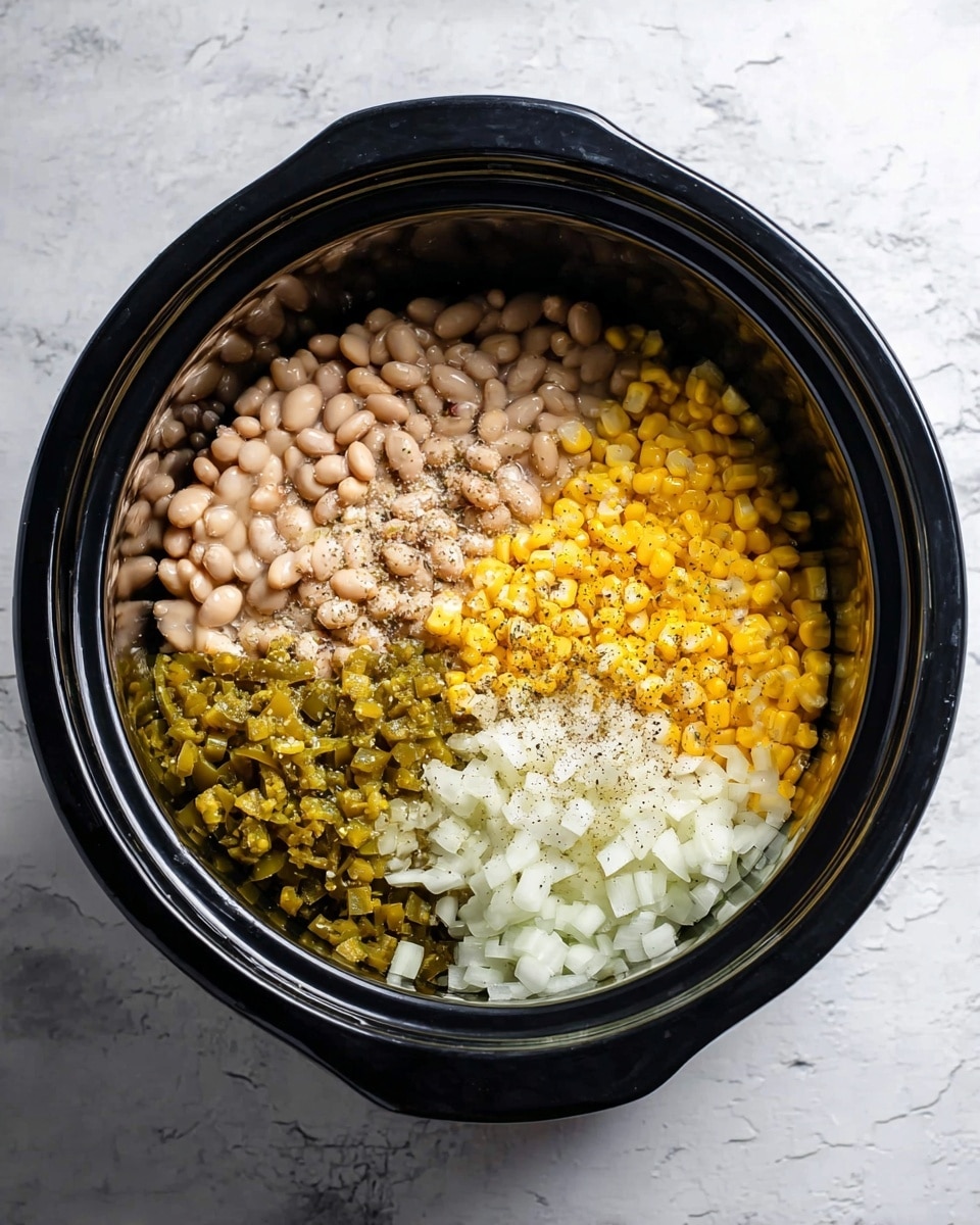 A black slow cooker bowl sits on a white marbled surface, filled with several separate layers of ingredients. On the top left, there are light beige small beans. Below the beans, there is a layer of finely chopped green chilies. Next to the chilies, on the bottom right, is a bright yellow layer of corn kernels. On the top right, there is a large portion of chopped white onions with some black pepper and seasoning sprinkled over the onions. All ingredients are neatly divided within the bowl, showing their different colors and textures clearly. photo taken with an iphone --ar 4:5 --v 7