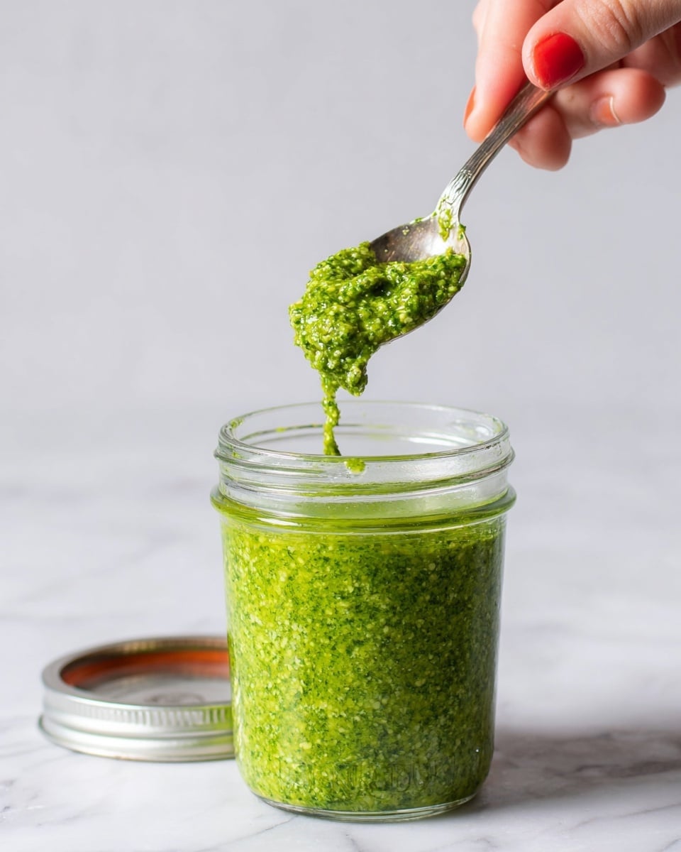 A clear glass jar filled to the top with bright green pesto, showing a thick, slightly coarse texture. Above the jar, a woman's hand holds a silver spoon dripping some of the green mixture, with small bits clinging to the spoon. The background and surface have a soft white marbled texture. The jar's silver lid is placed nearby on the surface. photo taken with an iphone --ar 4:5 --v 7