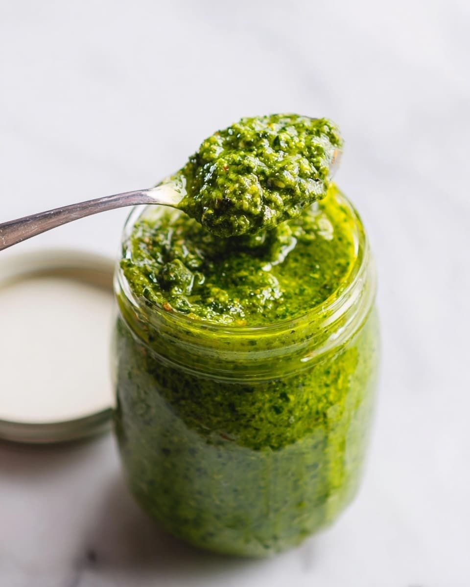 The image shows a clear glass jar filled to the top with bright green pesto that has a coarse texture. A silver spoon above the jar holds a small mound of the pesto, slightly rounded, with bits of nuts and herbs visible. The background is plain white, and the scene is set on a white marbled surface. The light is soft, highlighting the fresh and vibrant green color of the pesto. photo taken with an iphone --ar 4:5 --v 7