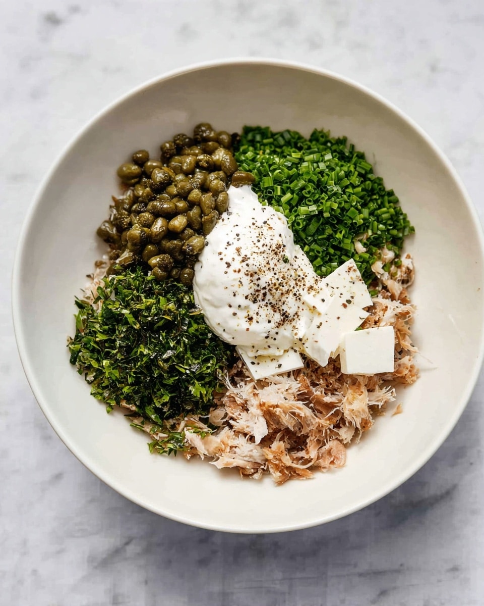 A white bowl on a white marbled surface holds a mixture with several distinct layers: the bottom layer is a light brown shredded base, likely fish or meat. On top of this, there are three clusters in separate sections: finely chopped dark green chives, finely chopped lighter green herbs, and a pile of green chopped capers. Two small white rectangular slices of creamy cheese are placed near the center. A dollop of white cream topped with black pepper sits on one side, adding texture and contrast. The colors vary from brown, different shades of green, white, and light beige. Photo taken with an iphone --ar 4:5 --v 7